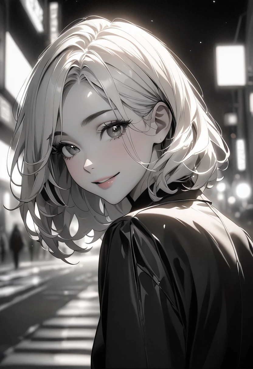 ((masterpiece:1.2, Best aesthetics)), Monochrome Art:1.2, ((Black and White:1.4)), Black and White写真, Black and White映画, Smiling over your shoulder, turn around, Smiling woman, Shallow depth of field, Background blur, Fine eyes and lips, Beautiful Face, Glowing Skin, City of night, Film Grain.