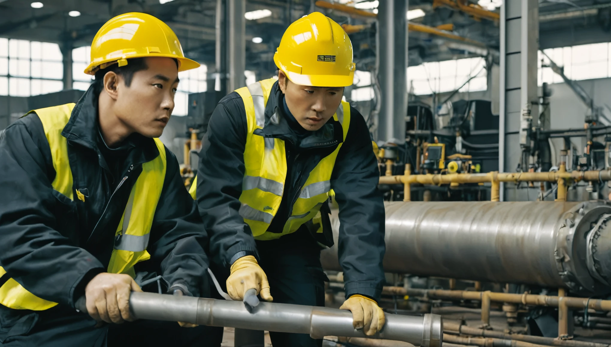 Two handsome 30-year-old men are working on a pipeline, wearing black cotton jackets. They are Asian and use a large wrench to operate a huge circular valve that occupies half of the screen. Their expressions are serious and they wear yellow safety helmets. They work inside the factory, in the pipeline space, and in the distant view
