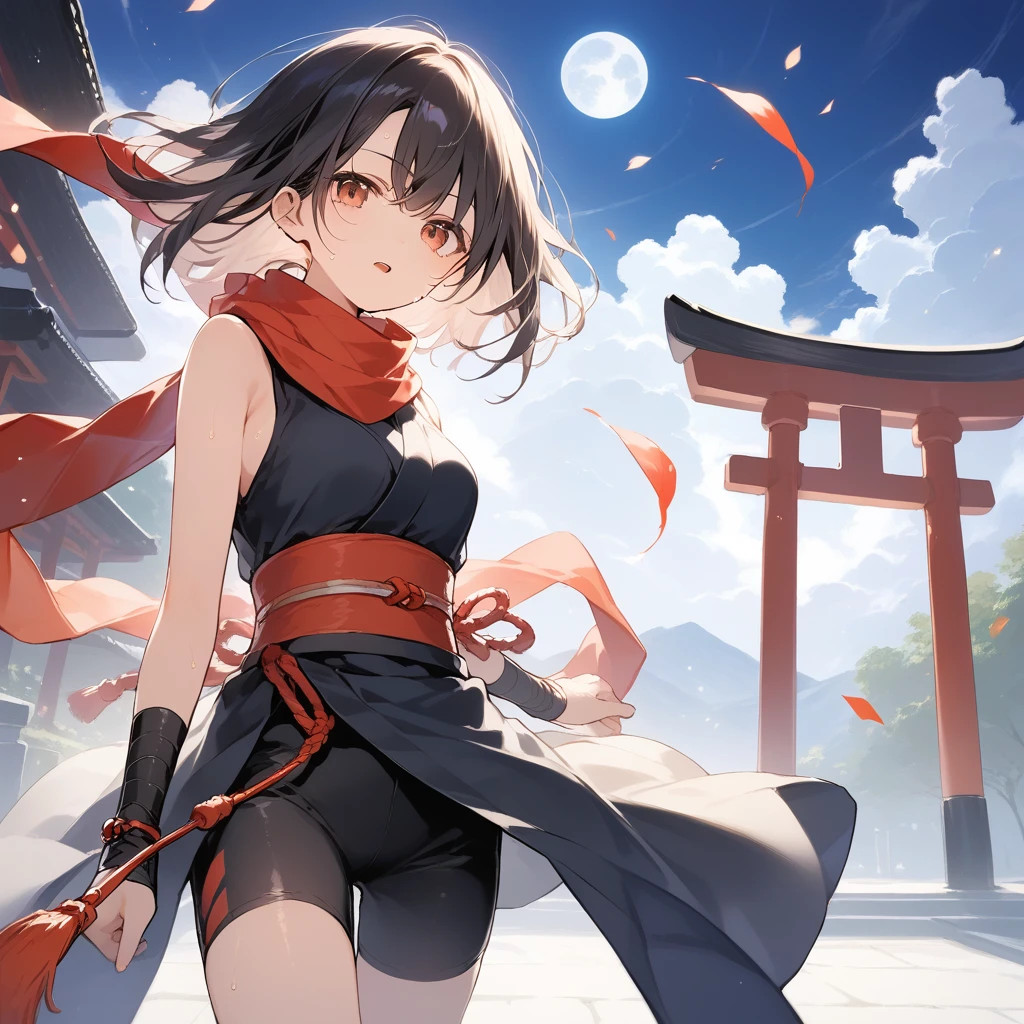 score_9, score_8_up, score_7_up, source_anime, best quality, masterpiece, official art, absurdres, highres, ultra-detailed,waifu2x,Collection: Slice of Life,break,1girl, ninja, noh mask, short hair, breasts, beautiful detailed eyes, bike shorts, scarf, sweat, open mouth, expressionless, ninja stance, hold kunai, outdoors, torii, night, moon, wind,break,(clear line illustration:1.2), super detailed skin,very high resolution, very aesthetic, Best sexual lighting powered by famous artist, 8k,cute picture,beauty illustration,photoshop_(medium),,(Detailed Lighting),best anime 8k konachan wallpaper, pixiv contest winner, 