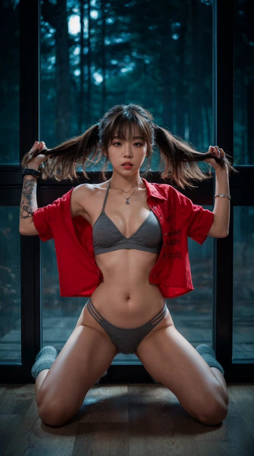 A young korean woman with messy two ponytail brown hair and a serious expression sits on the floor indoors, the legs spread aparts, leaning against a large window, the forest outside. She is wearing a bright red shirt crop rolled up sleeves with text, left open show her bare big bust wearing gray thin strapped bra halter neck, also wearing gray thin strapped gstring. She has tattoos cover on her left arm and is accessorized with a watch, a bracelet, and a necklace, grey socks. The lighting is dim, creating a moody and intimate atmosphere. Her pose, with hands hold her hair , adds a sense of casual yet intense focus.