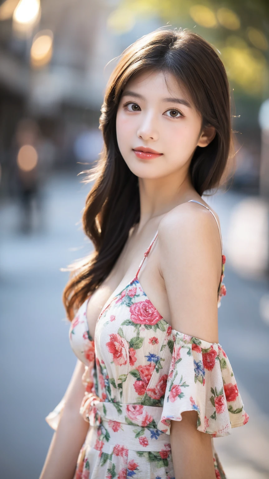 ((Best quality, 8k, masterpiece:1.3)),1girl,18 years old,Asian,Real texture:1.3,(Background blur:1.1),Dress Up,Tall and slender figure:1.2,(Hot summer weather),(street:1.3),Highly detailed face and skin textures,Exquisite eyes,Long eyelashes,Double eyelids,Skin Whitening,happy,Various postures,Beautiful breasts