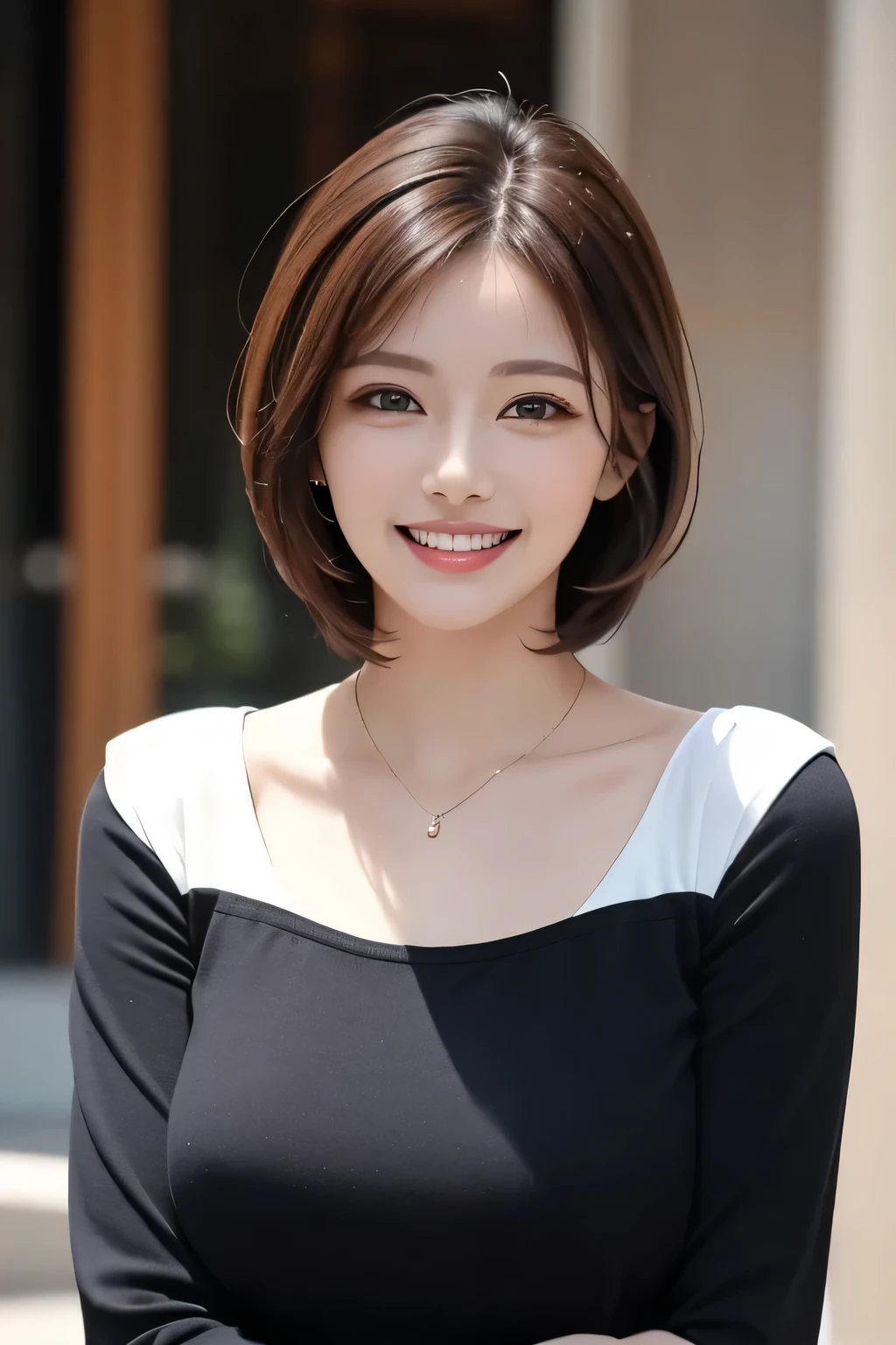 ((masterpiece)), ((Highest quality)), ((Complex)), ((Surreal)), (Realistic), (Mature Woman), ((No classes)), Very detailed, (1 female), Beautiful and exquisite, (Beautiful Teeth), Grin, Brunette Bob Hair, Brown eyes, ((blouse)), (Upper Body), (background:none), Perfect Eyes, Captivating eyes, Looking at the audience