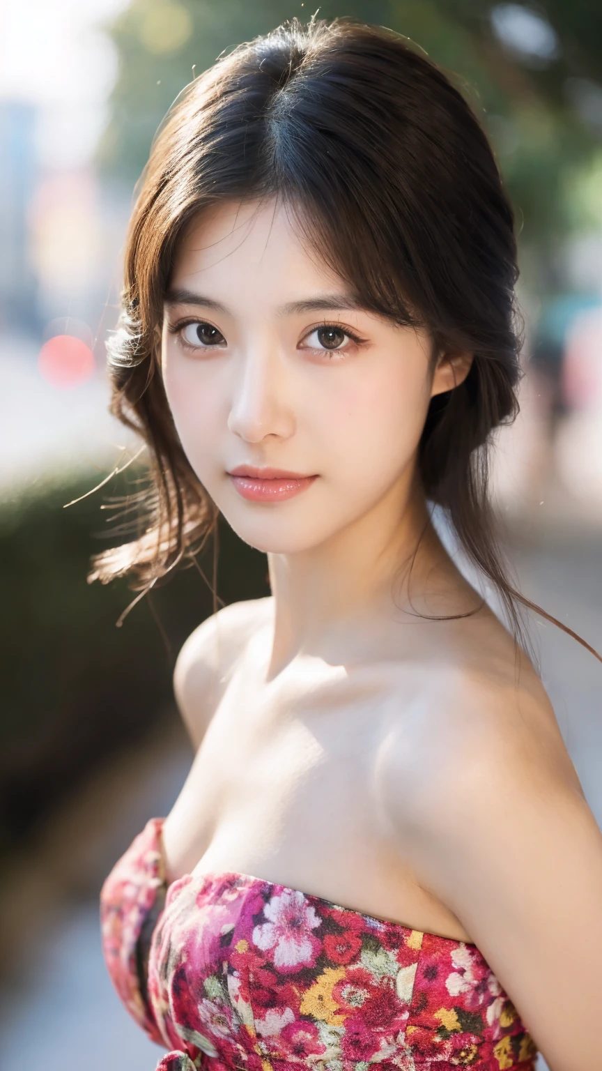 ((Best quality, 8k, masterpiece:1.3)),1girl,18 years old,Asian,Real texture:1.3,(Background blur:1.1),Dress Up,Tall and slender figure:1.2,(Hot summer weather),(street:1.3),Highly detailed face and skin textures,Exquisite eyes,Long eyelashes,Double eyelids,Skin Whitening,happy,Various postures,Beautiful breasts