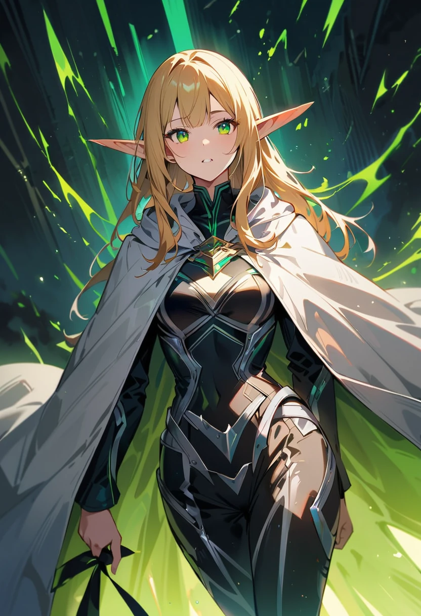 masterpiece, best quality, 1 female, alone, medium blonde, Vibrant green eyes, looking at the audience, cape, High quality metal texture, coat, Keep your mouth shut, Bangs, Boss, fantasy aesthetics, Very detailed, shadow poetry style, Executor Outfit, elf ears, fixed hand