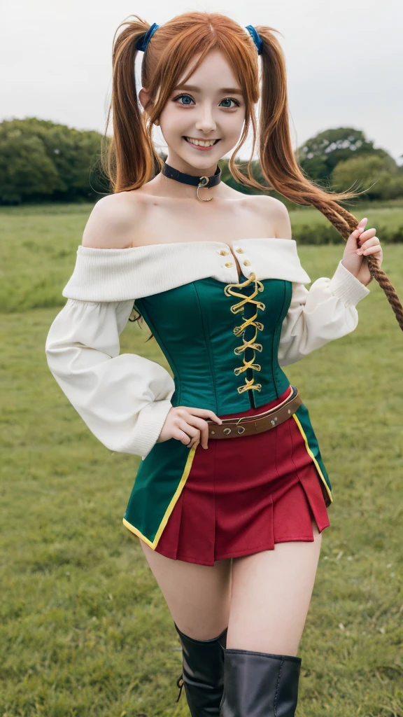 high quality， 8k， High resolution，（Realistically）,Redhead, ponytail, Twin tails, Blue off-shoulder top, Yellow corset, Red Skirt, Green petticoat, Brown boots, staff, Wizard Style, cute, sexy, Anime Style, Middle wind, Big eyes, smile, Accessory pouch, Rope belt