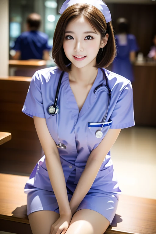 (Ulzzang-6500-v1.1, masterpiece, highest quality:1.3, ultra-detailed 8k:1.2, hyperrealistic:1.35, raw photo:1.2, highest quality, high resolution, wallpaper, realistic, dramatic, realistic painting art by midjourney:1.3, 1 nurse, 28yo, pink nurse uniform, hair clip, short white tight skirt:1.3, tired and resting in hospital cafe, super beautiful, beautiful skin, detailed face, symmatrical face, double eyelid, beautiful and detailed eyes, friendly kind smile, beautiful glossy lips, snaggle-tooth, short bob hair, chest strengthening, ample bosom, emphasize body line, perfect style, cowboy_shot, bokeh background, warm lighting, natural soft light)