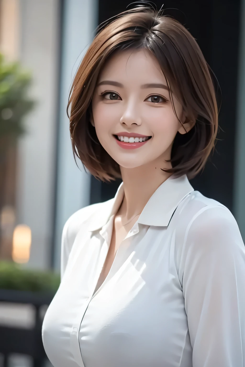 ((masterpiece)), ((Highest quality)), ((Complex)), ((Surreal)), (Realistic), (Mature Woman), ((No classes)), Very detailed, (1 female), Beautiful and exquisite, (Beautiful Teeth), Grin, Brunette Bob Hair, Brown eyes, ((blouse)), (Upper Body), (background:none), Perfect Eyes, Captivating eyes, Looking at the audience