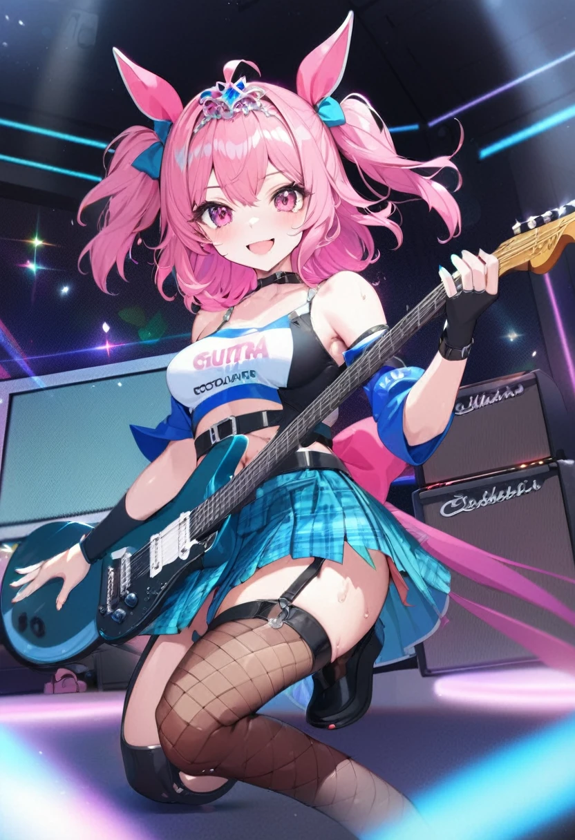 1girl, solo, standing on one leg, blue skirt, checkered skirt, thigh, holding guitar, stage lights, 
masterpiece, (best quality:1.4), high quality, (ultra detailed:1.4), detailed, hyper detailed, insanely detailed, 4K, 8K, highres, super fine Illustration, (bokeh), colorful background, powder lighting, 
1girl, solo, looking at viewer, cheerful smile, (light particles), confetti, sparkling glitter, 
floating hair, floating clothes, wind, duch angle, lens flare, sweat, navel, 
(with guitar), (playing guitar), 