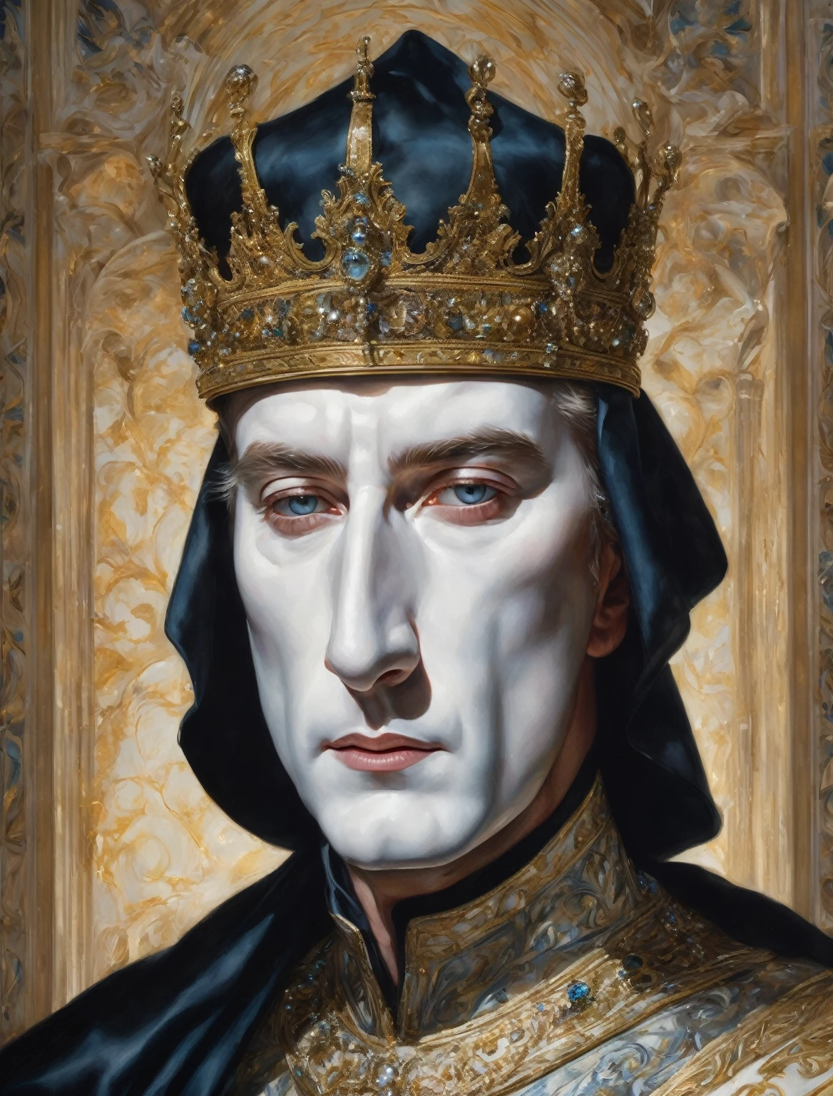 a hyper realistic portrait of king baldwin iv, marble white mask, glassy mask, white, detailed elegant ornate jewelry, intricate crown, extremely detailed facial features, piercing eyes, regal expression, dramatic chiaroscuro lighting, muted color palette, baroque style, dramatic shadows, masterfully painted