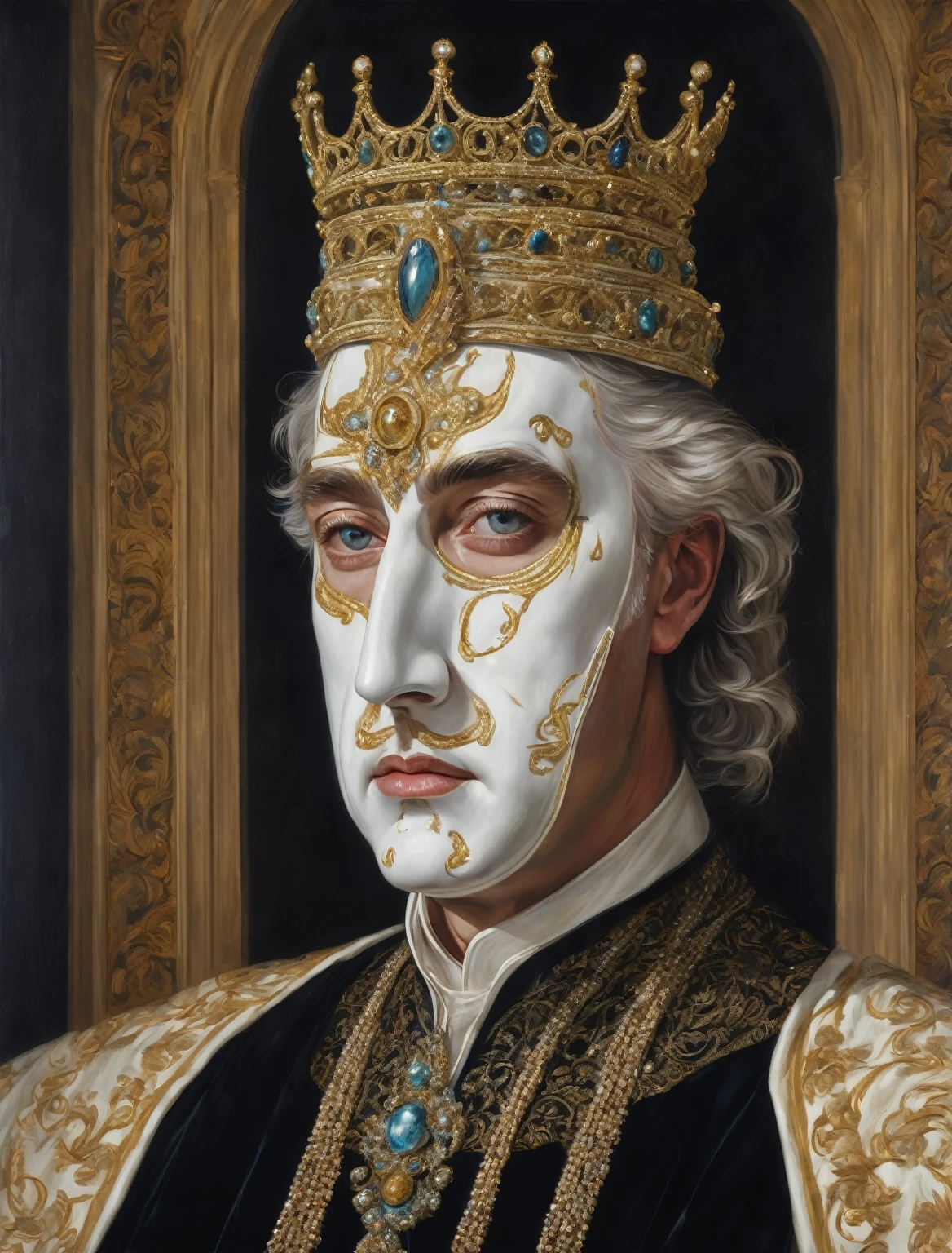 a hyper realistic portrait of king baldwin iv, marble white mask, glassy mask, white, detailed elegant ornate jewelry, intricate crown, extremely detailed facial features, piercing eyes, regal expression, dramatic chiaroscuro lighting, muted color palette, baroque style, dramatic shadows, masterfully painted