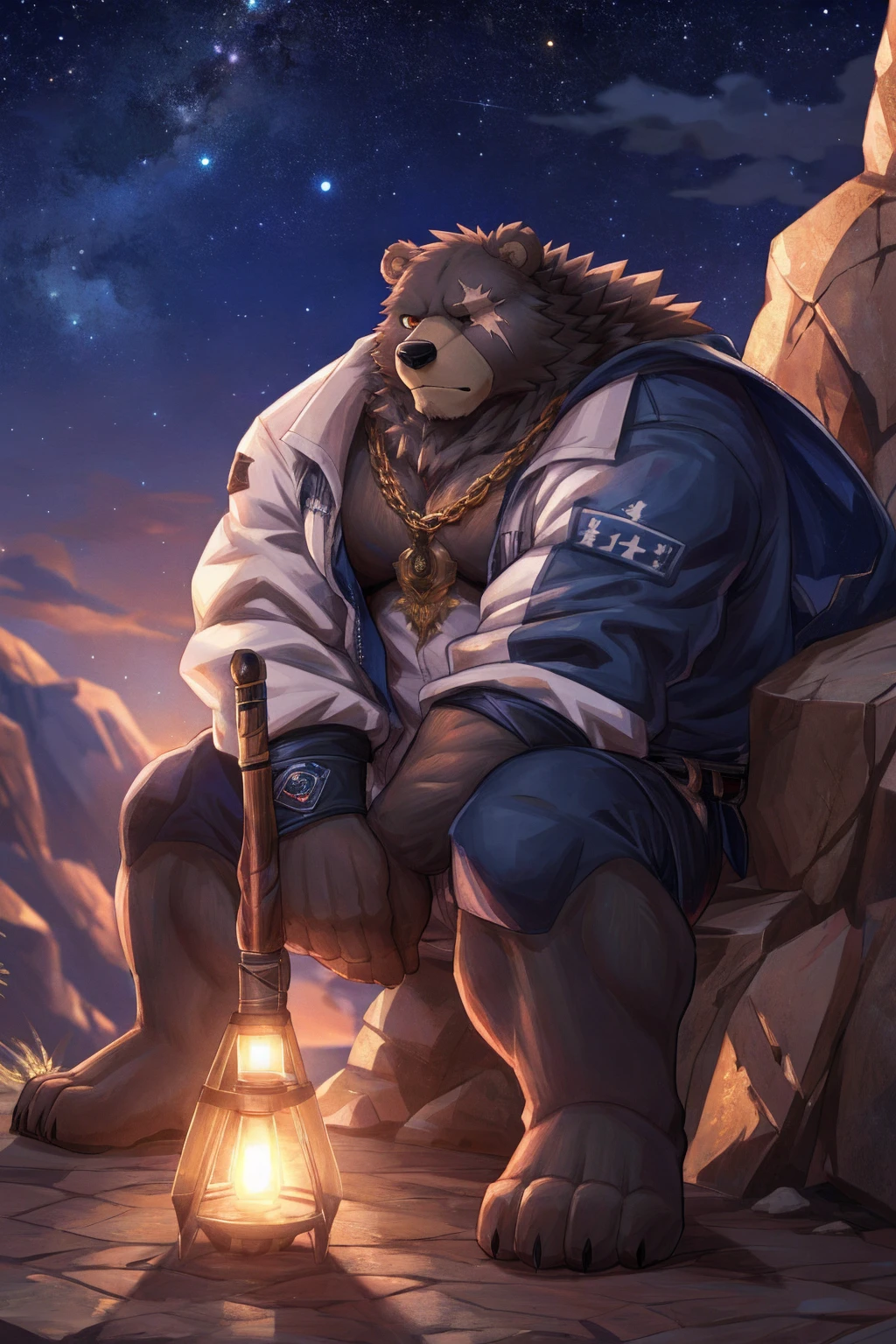 human nature, Wildlife, male,36 years old，Uncle， solitary, ((Round Face, The face is plump,Orange eyes,Thick blue hair，Furry little ears with scars)), ((Endomorph, Handsome的，Hot Blood)), （construction worker，White architectural clothing，Holding a military long knife), ((domestic brown bear, Bear Orc，) Fluffy fur, Fluffy), Bokeh, (high quality, high resolution, masterpiece), (Dynamic Lighting, Vibrant colors，Natural fill light), (Revitalize，Handsome，), Full body picture (close up), cartoon, author：Takemoto Arashi, From zixiong, By Chunni, author：Empty Ghost，moonlight，Watching the stars on the cliff，Leaning against the rocks，Two-player combat，Night，Beautiful starry sky，（background：moonlight的悬崖边）