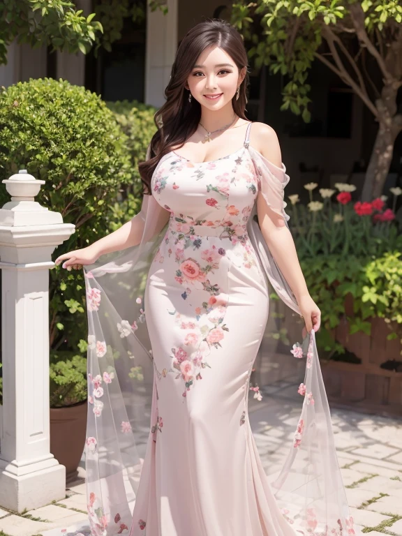 A beautiful and hot almost chubby mature woman.who is wearing a patterned short dress and is and standing in the resort. A smiling face、sexy woman、A radiant smile、adorable、race、Frills、Colorful design、Full-length mirror、An inviting gaze、Gorgeous long and beautiful hairstyle、variation Hairstyle、Open neck blouse、Alluring、Flower Garden、Sparkling、elegant princess、Full body description、１people。Front view