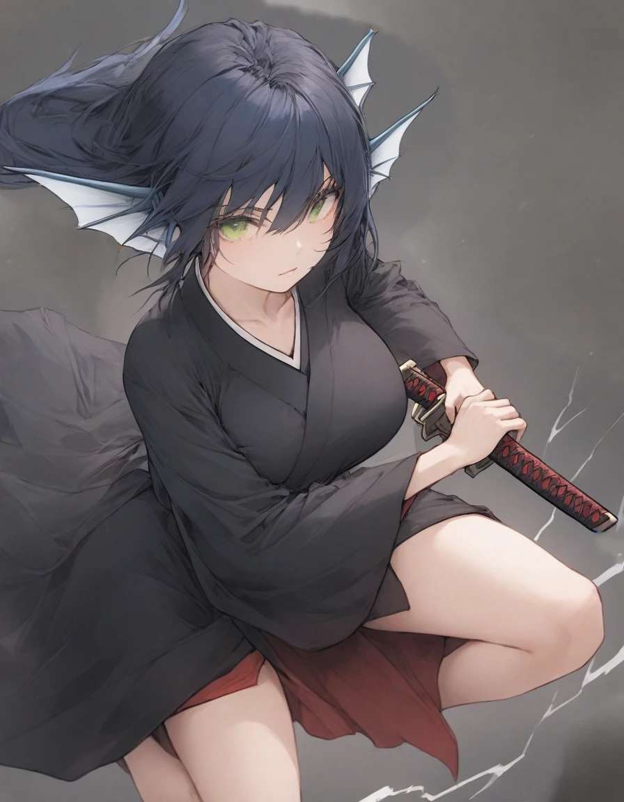 ,(black and white manga style:1.1),snap shot,red katana,fighting stance,(holding huge katana:1.3),,no pattern kimono,(black kimono:1.5),samurai,,,{{{Huge breasts}}},,,,,,long skirt, brooches,Blue brooch,,(dark Blue hair:1.25),gradient_hair,( Green eyes:1.25),hair_ornament detached ,,Very Long Ponytail, poneyTail,, (head fins:1.25),、stormy、lightning bolt,iaidow,weapon, katana, holding sword, ready to draw, sheathed, unsheathing, scabbard,
