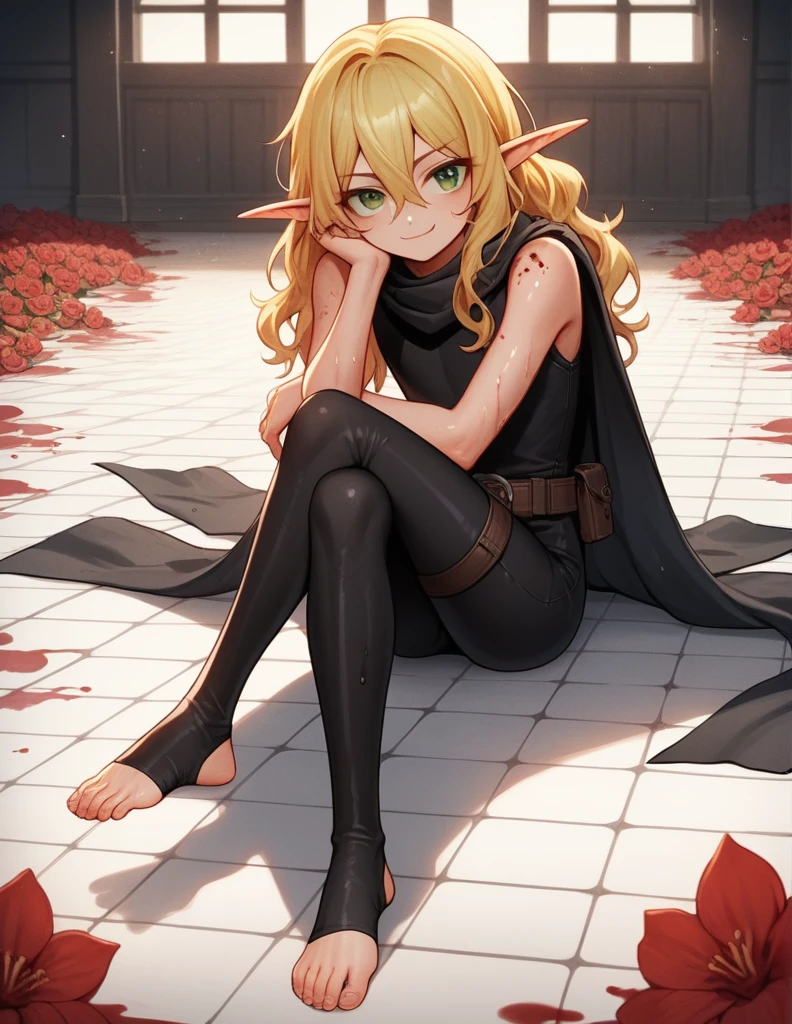 score_9, score_8_up, score_7_up, score_6_up, score_5_up, score_4_up, source_anime, BREAK, 1boy, toeless legwear, solo, sitting, crossed legs, looking at viewer, bare shoulders, indoors, leggings, stirrup legwear, sleeveless, head rest, elf, pointy ears, hair above shoulder, fluffy hair, wavy hair, hair between eyes, big eyes, green eyes, cute face, cat eyes, collarbone, black scarf, long black scarf, yellow hair, smirk, smug face, shiny feet, shiny skin, shiny hair, sunny, dramatic lighting, official artwork, wet skin, wet hair, sunny day, red flowers on floor, sexy, layered clothes, bare shoulder, long sleeve, belt, black cloak, rogue outfit, assassin's outfit, dark outfit, blood spots on clothes, assasin clothes, blood on floor, bloody drip on floor, blood drips,