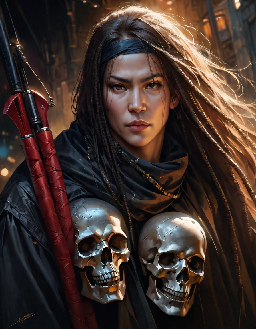 "Grim Reaper with a jet black decaying skull, A light lace niqab scarf is wrapped around the head, Earth-toned sunscreen cape, Most of the body is covered by clothing, Shabby, torn clothing, A severely hunched body, Standing against the backdrop of a stone street lit by moonlight at midnight, Carrying a kusarigama that is taller than oneself, A sickle and chain that emits a pale light, (highest quality, 4K, 8k, High resolution, masterpiece:1.2), Super detailed, (Realistic, photoRealistic, photo-Realistic:1.37), High resolution, 超High resolution, Studio Lighting, dreadlocks, beatmaker staffs, Professional, Vibrant colors, Bokeh, Portraiture, Delicate brushwork, Dark and cool color palette, Dim lighting"