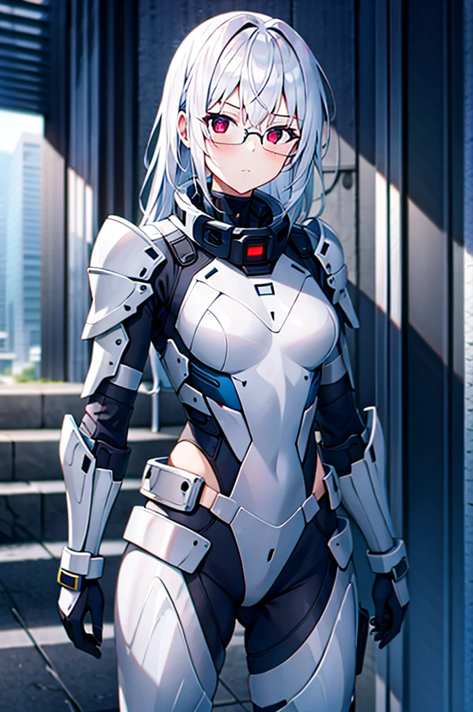 Masterpiece, solo, female, 1girl, 4k, standing, outdoor, white hair, white glasses, short, futuristic black soldier armor, cowboy shot's, Bokeh,red eyes, female soldier, bulletproof soldier armor, flat breast, flat chest, mature women, space soldier armor, guns holster 