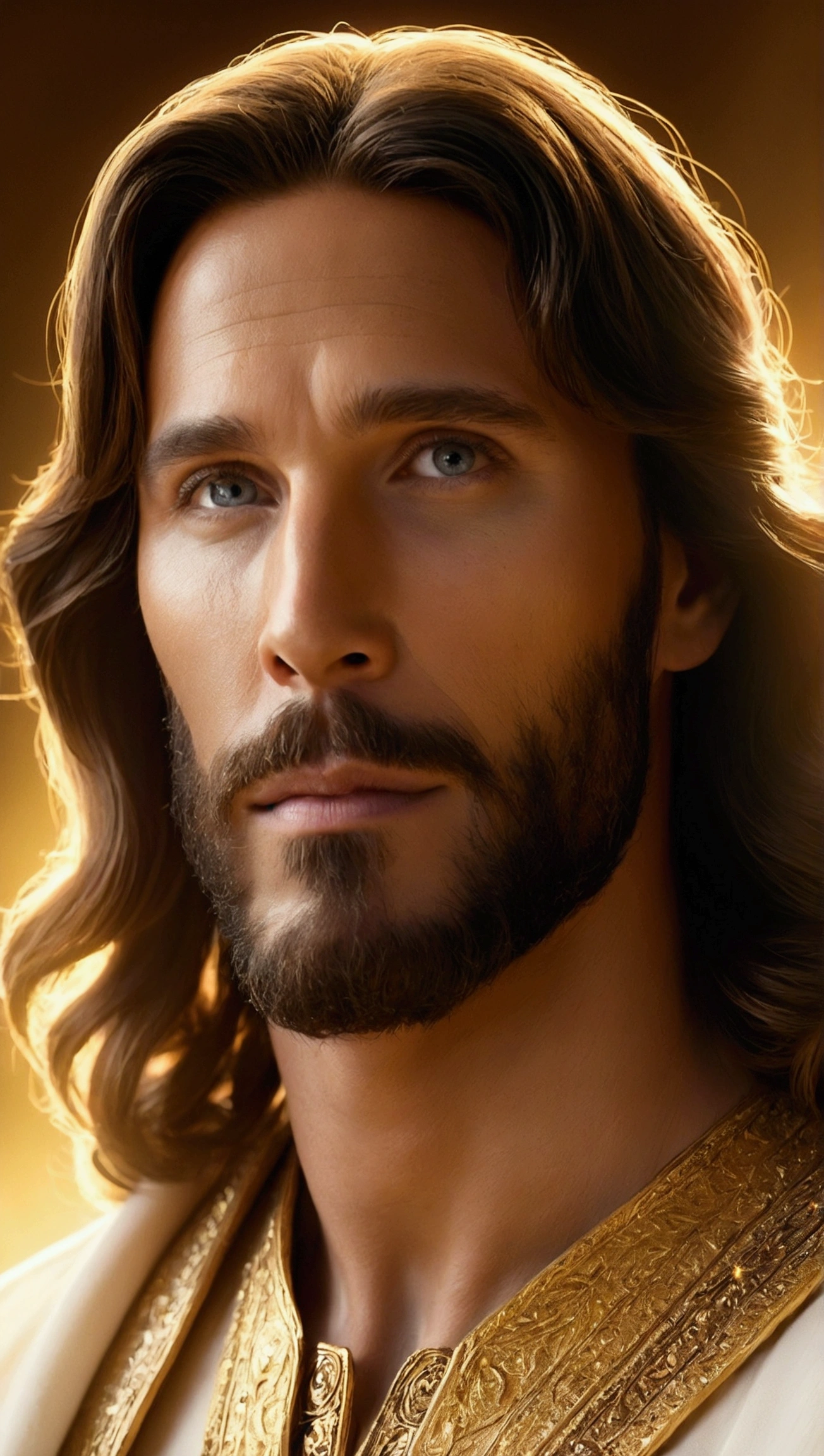 A captivating cinematic-style photograph of 
Jesus, with wavy hair and a soft beard, exudes a divine aura, a soft and intense light that seems to emanate from his entire being, outlining his silhouette. Jesus is in heaven, a cosmic and divine environment surrounded by bright clouds. The divine light, with shades of white and gold, contrasts vividly with the surrounding darkness, creating a halo that softly illuminates the faces of Jesus.
.The image is bathed in a soft, golden light, creating a dramatic and moving atmosphere., photographic, cinematic, intricate details, perfect eyes, perfect skin, perfect face, 4k photorealistic, realistic image, dynamic lighting, hyper-detailed, ultra -realistic, realistic textures