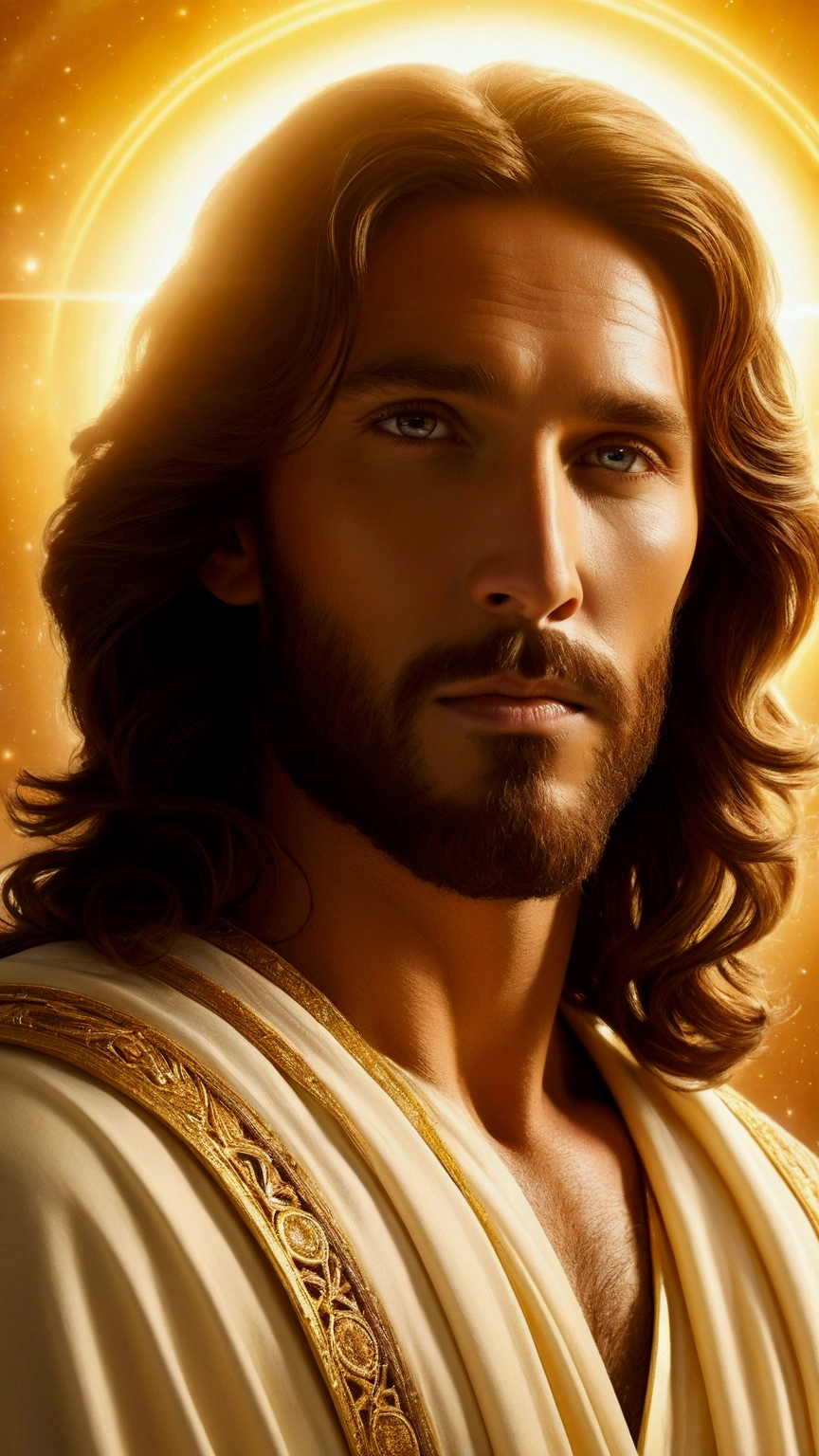 A captivating cinematic-style photograph of 
Jesus, with wavy hair and a soft beard, exudes a divine aura, a soft and intense light that seems to emanate from his entire being, outlining his silhouette. Jesus is in heaven, a cosmic and divine environment surrounded by bright clouds. The divine light, with shades of white and gold, contrasts vividly with the surrounding darkness, creating a halo that softly illuminates the faces of Jesus.
.The image is bathed in a soft, golden light, creating a dramatic and moving atmosphere., photographic, cinematic, intricate details, perfect eyes, perfect skin, perfect face, 4k photorealistic, realistic image, dynamic lighting, hyper-detailed, ultra -realistic, realistic textures