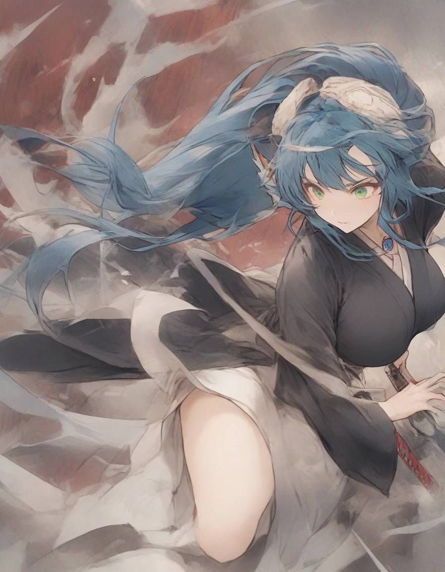 ,(black and white manga style:1.1),snap shot,red katana,fighting stance,(holding huge katana:1.3),,no pattern kimono,(black kimono:1.5),samurai,,,{{{Huge breasts}}},,,,,,long skirt, brooches,Blue brooch,,(dark Blue hair:1.25),gradient_hair,( Green eyes:1.25),hair_ornament detached ,,Very Long Ponytail, poneyTail,, (head fins:1.25),、stormy、lightning bolt,iaidow,weapon, katana, holding sword, ready to draw, sheathed, unsheathing, scabbard,
