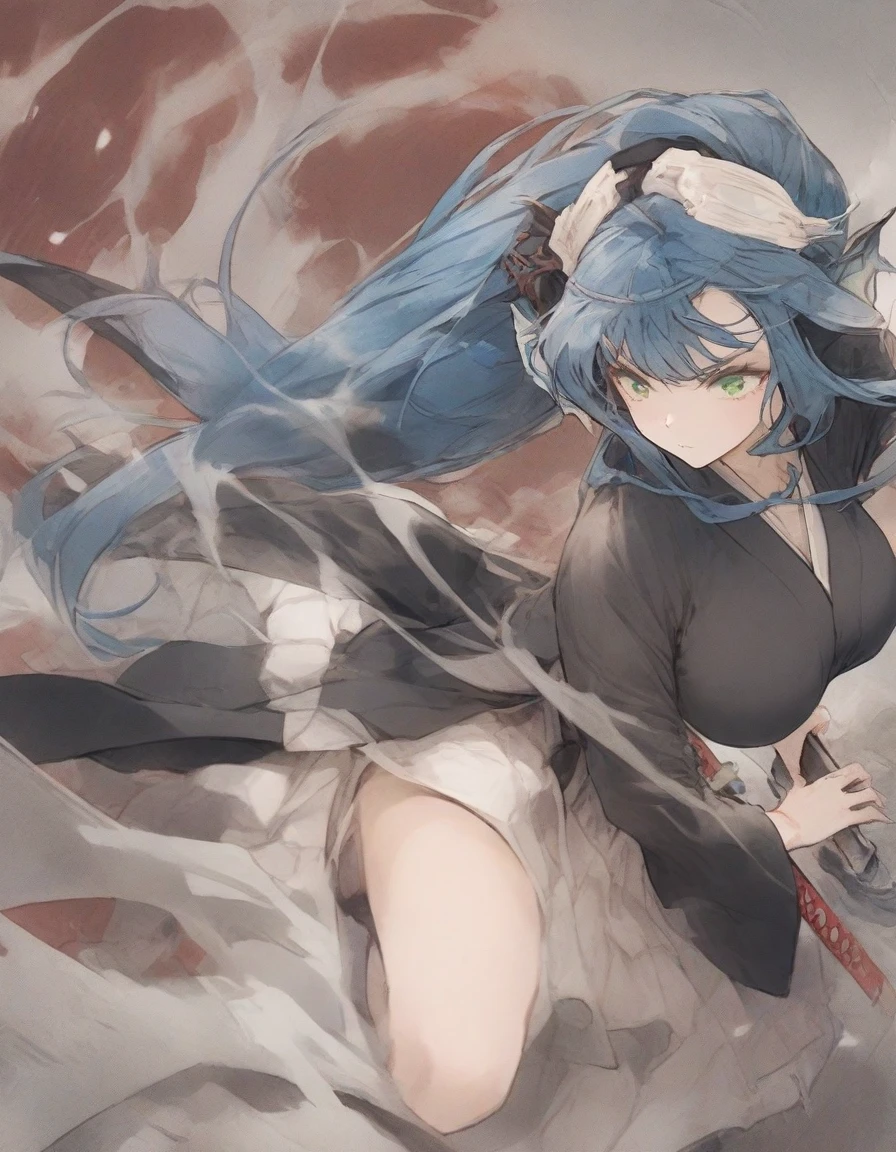 ,(black and white manga style:1.1),snap shot,red katana,fighting stance,(holding  huge katana:1.3),,no pattern kimono,(black kimono:1.5),samurai,,,{{{Huge breasts}}},,,,,,long skirt, brooches,Blue brooch,,(dark Blue hair:1.25),gradient_hair,( Green eyes:1.25),hair_ornament detached ,,Very Long Ponytail, poneyTail,, (head fins:1.25),、stormy、lightning bolt,iaidow,weapon, katana, holding sword, ready to draw, sheathed, unsheathing, scabbard,