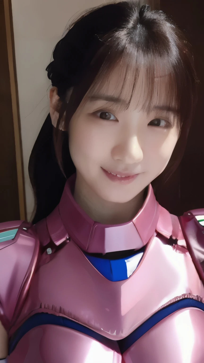 A beautiful 25 year old Japanese woman wearing a pink light metallic powered armor:1.5,、smile、Japanese, ponytail, Clear Glass, whole body,Big Breasts:1.5