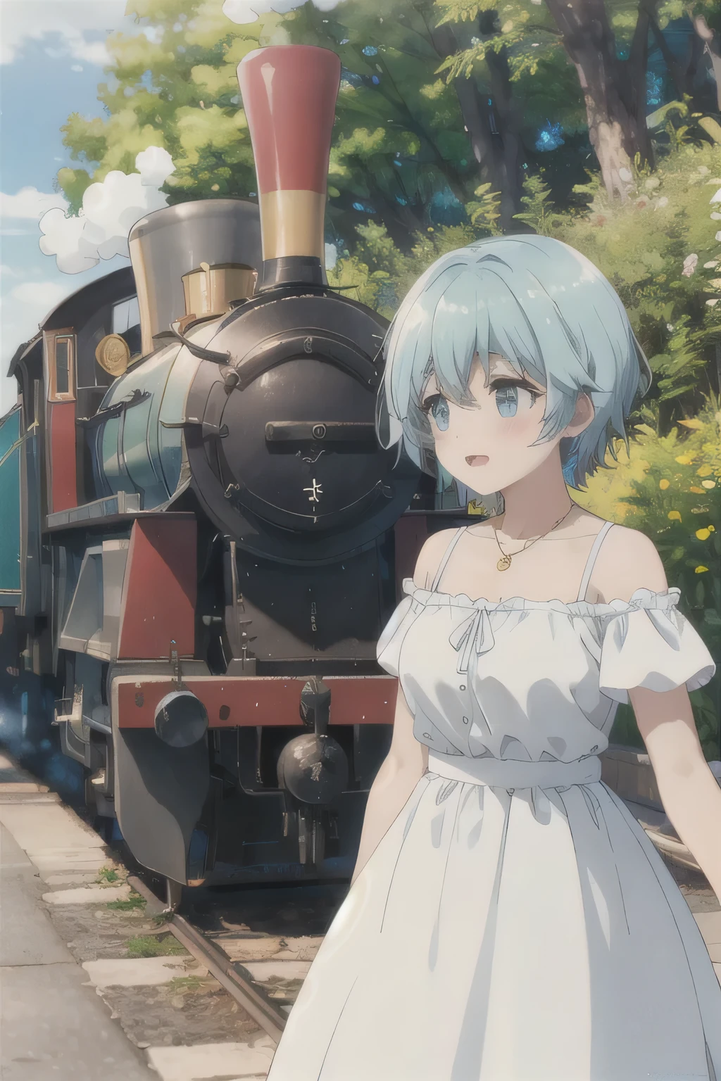 short hair，Blue Hair，White Dress，Acting cute，steam train，Flying skirt