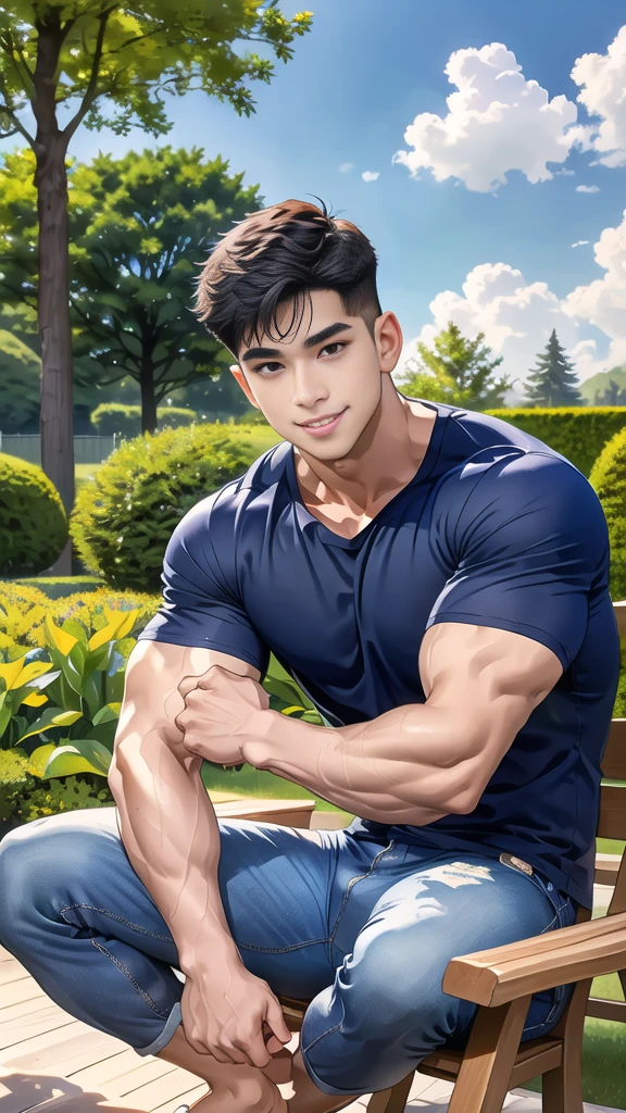 1 man is in the center of the picture., smile, (Wear a dark navy round neck shirt.., short sleeve shirt ยี่ห้อ under armor), (jeans), (Korean people) , korean men, (realistic light), looking at the audience, Balancing eye contact), in the garden,There is a dining table.,There was a lot of food up there.,blue sky and white clouds