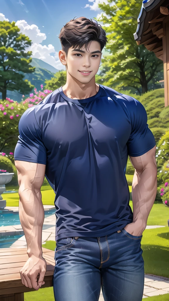 1 man is in the center of the picture., smile, (Wear a dark navy round neck shirt.., short sleeve shirt ยี่ห้อ under armor), (jeans), (Korean people) , korean men, (realistic light), looking at the audience, Balancing eye contact), in the garden,There is a dining table.,There was a lot of food up there.,blue sky and white clouds