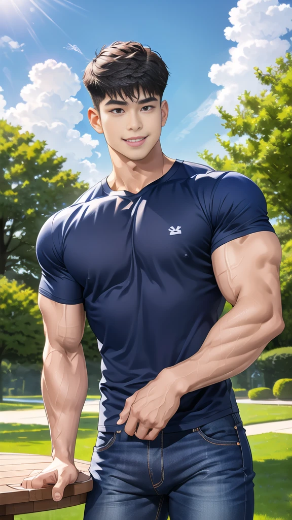 1 man is in the center of the picture., smile, (Wear a dark navy round neck shirt.., short sleeve shirt ยี่ห้อ under armor), (jeans), (Korean people) , korean men, (realistic light), looking at the audience, Balancing eye contact), in the garden,There is a dining table.,There was a lot of food up there.,blue sky and white clouds