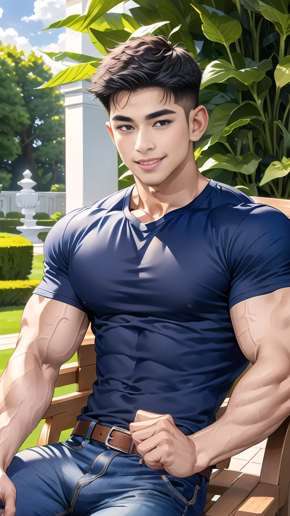 1 man is in the center of the picture., smile, (Wear a dark navy round neck shirt.., short sleeve shirt ยี่ห้อ under armor), (jeans), (Korean people) , korean men, (realistic light), looking at the audience, Balancing eye contact), in the garden,There is a dining table.,There was a lot of food up there.,blue sky and white clouds