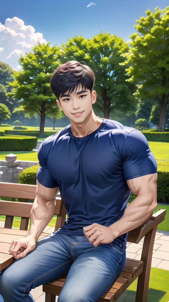 1 man is in the center of the picture., smile, (Wear a dark navy round neck shirt.., short sleeve shirt ยี่ห้อ under armor), (jeans), (Korean people) , korean men, (realistic light), looking at the audience, Balancing eye contact), in the garden,There is a dining table.,There was a lot of food up there.,blue sky and white clouds