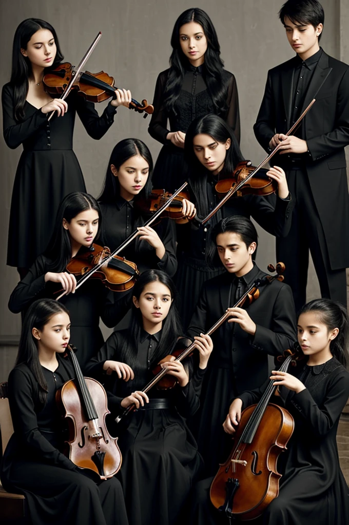Two young ladies playing violin dressed in black, a young lady playing the cello dressed in black, a young man playing the violin dressed in black, three young people playing the piano dressed in black,a young man playing the electric bass dressed in black, a young lady playing the guitar dressed in black.