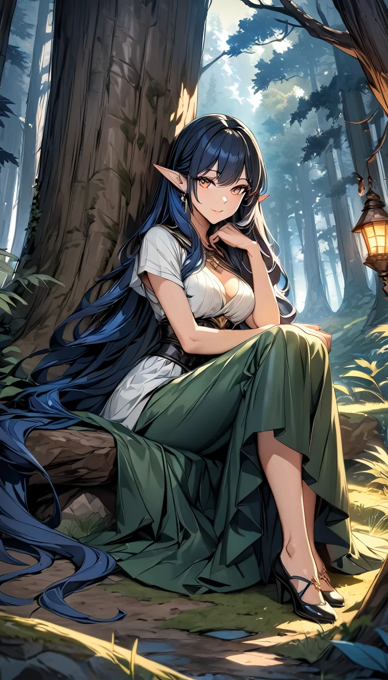 high quality, 4k, 8k, highres, HDR, UHD, masterpiece, ultra-detailed, a beautiful elf woman in a dark fantasy forest, sitting pose, creative angle, mature woman. extremely detailed face, long flowing hair, dark blue hair, curious expression, sitting under a large tree, anime style, highly detailed, 8k, fantasy art, magical atmosphere, mossy ground, dark setting, demonic forest, glowing eyes, pointed ears, detailed dress, intricate details, fantasy landscape
