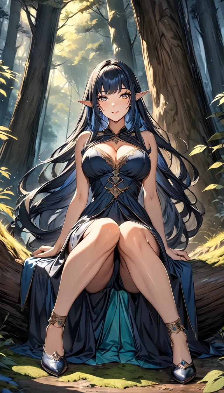 high quality, 4k, 8k, highres, HDR, UHD, masterpiece, ultra-detailed, a beautiful elf woman in a dark fantasy forest, sitting pose, creative angle, mature woman. extremely detailed face, long flowing hair, dark blue hair, curious expression, sitting under a large tree, anime style, highly detailed, 8k, fantasy art, magical atmosphere, mossy ground, dark setting, demonic forest, glowing eyes, pointed ears, detailed dress, intricate details, fantasy landscape