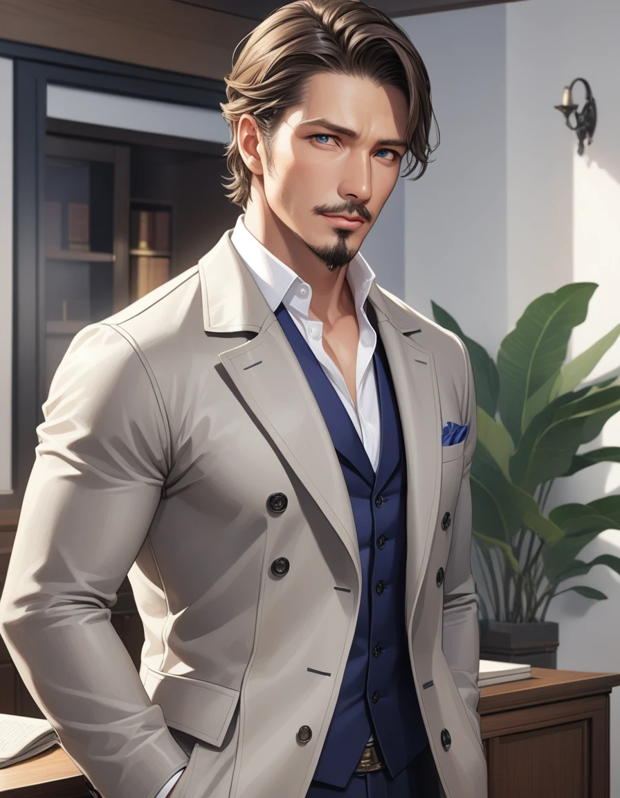 1man, mature male, parted bangs, medium-short hair, brown hair, muscular male celeb, short goatee, short mustache, indigo eyes, gentleman, elegant netori male, BREAK solo, white collared shirt, gray trench coat, black neck ribbon, in gentle sasaki style, visual novel, 2010s, extreme all detailed, masterpiece, best quality
