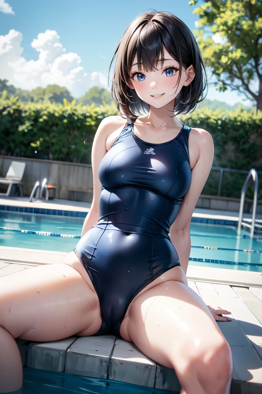 very cute and beautiful girl,(highly detailed beautiful face and eyes),(blue school swimsuit), sweat,wet, sitting,spread legs,arms behind back,(pool side),summer,countryside,grassland, (smile),happy,looking at viewer,black hair,medium hair,cowboy shot, (best quality,masterpiece),absurdres,highres,ultra-detailed,extremely detailed,32k, cinematic scene,detailed background,solo,dynamic angle, hair fluttering in the wind,beautiful detailed sky,