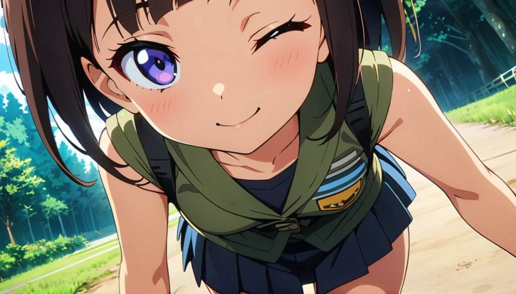 (anime artwork, anime style, studio anime, very detailed, up to date, vibrant, Anime Coloring, high contrast, masterpiece:1.2, best quality, best aesthetics),camouflage clothing,camouflage helmet, pleated skirt, Medium chest, A glimpse of thighs,random hair, One eye is hidden by the bangs, perfect proportions, high detail skin, Cute, detailed faces,forest, precise fingers,panty shot ,creeping forward