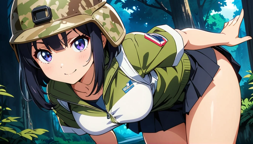 (anime artwork, anime style, studio anime, very detailed, up to date, vibrant, Anime Coloring, high contrast, masterpiece:1.2, best quality, best aesthetics),camouflage clothing,camouflage helmet, pleated skirt, Medium chest, A glimpse of thighs,random hair, One eye is hidden by the bangs, perfect proportions, high detail skin, Cute, detailed faces,forest, precise fingers,panty shot ,creeping forward