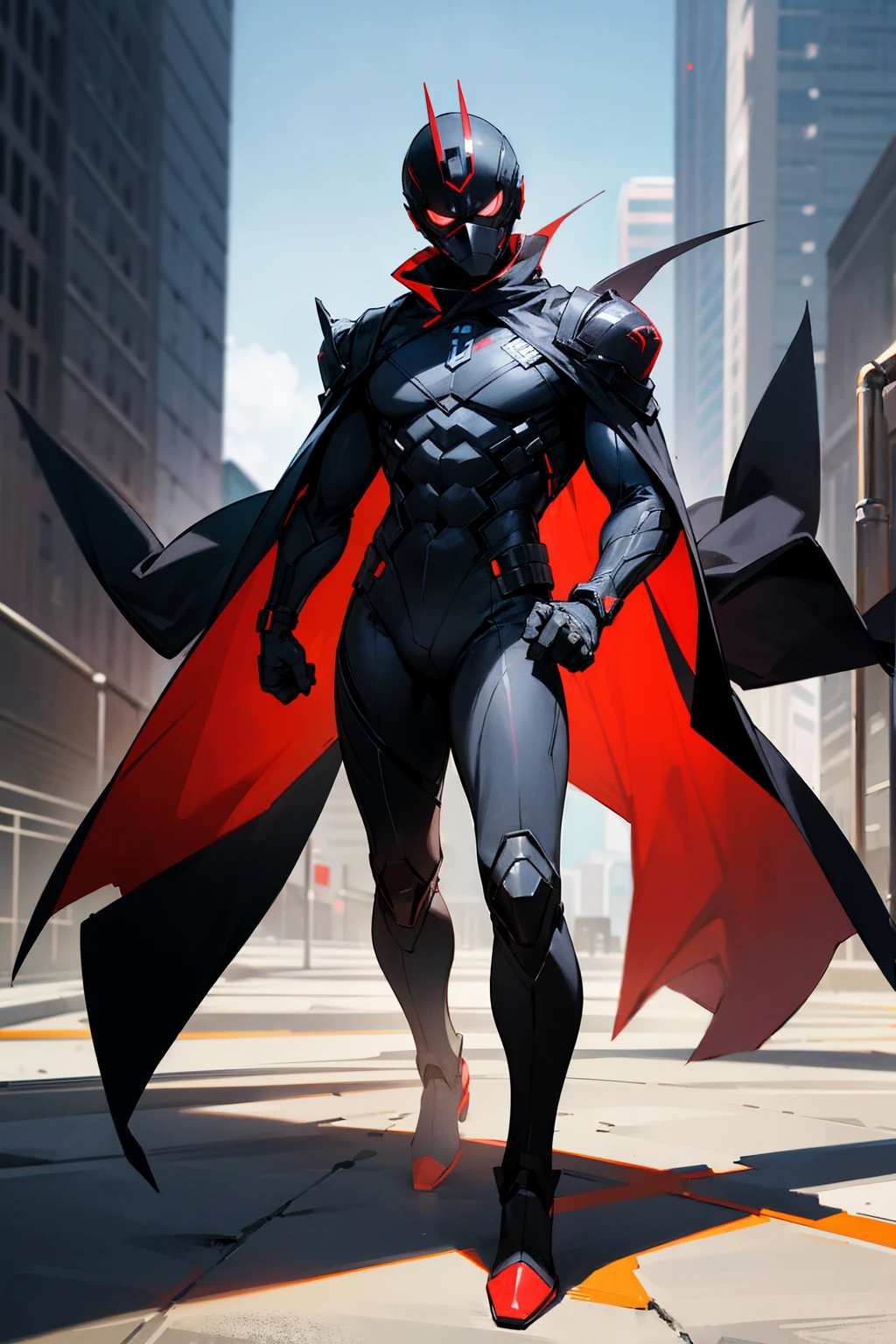 1male, black and red super suit, black mask, super mask, city background, detailed background, detailed face, standing, walking on path, hands to side