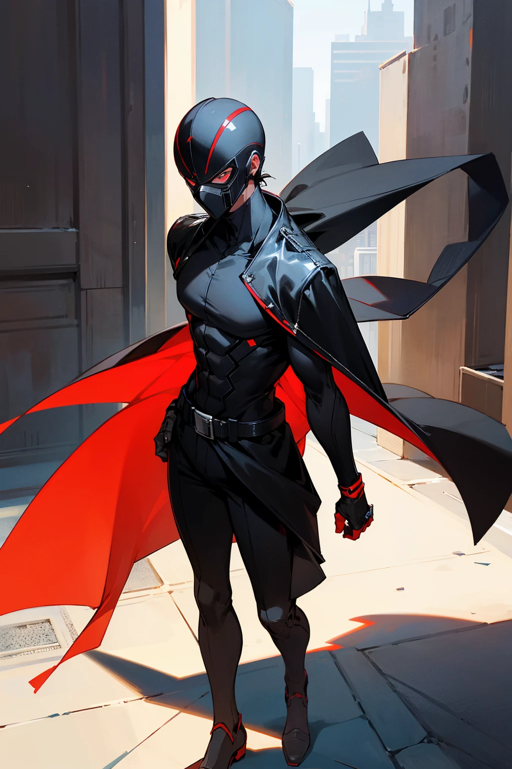 1male, black and red super suit, black mask, super mask, city background, detailed background, detailed face, standing, walking on path, hands to side