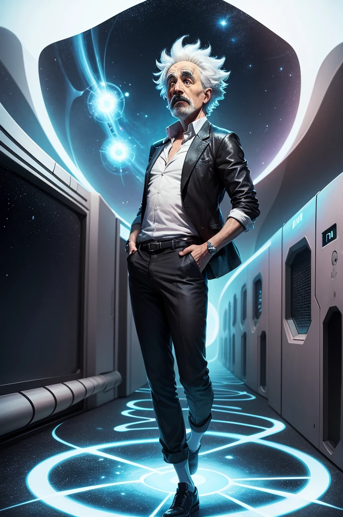 A portal where Einstein passes, another where Nicolas Tesla passes, another Open Heimer, another Rick Rick Sanchez
 of rick and morty all this in space
