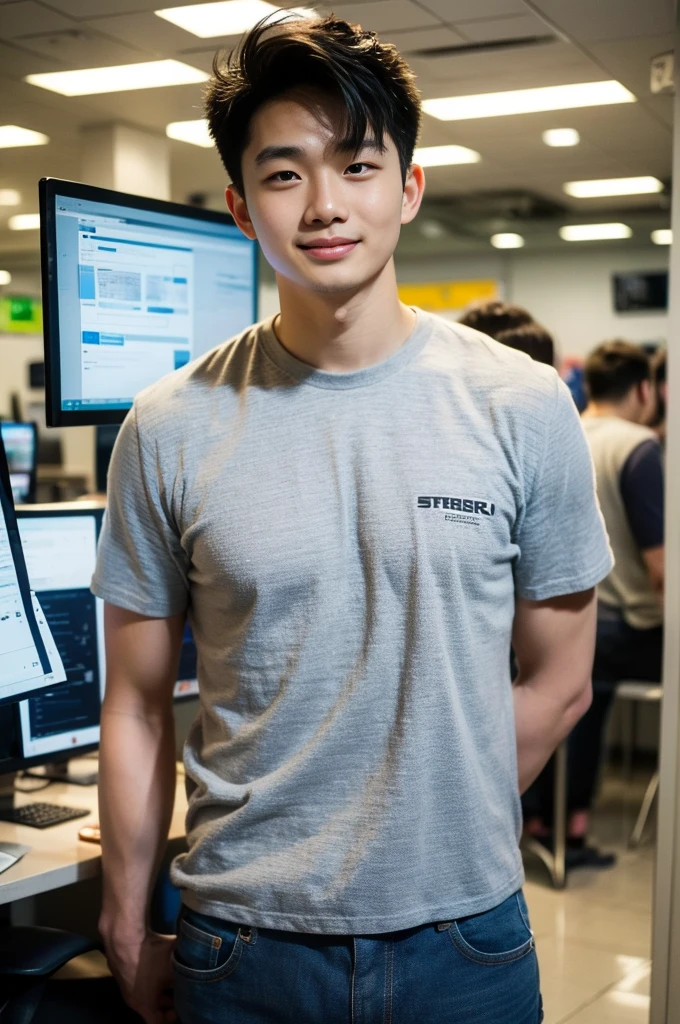 ((realistic daylight)) , Young Korean man in only a black sports shirt, no stripes, and jeans., A handsome, muscular young Asian man looks at the camera.  , In a computer shop ,turn sideways, smile