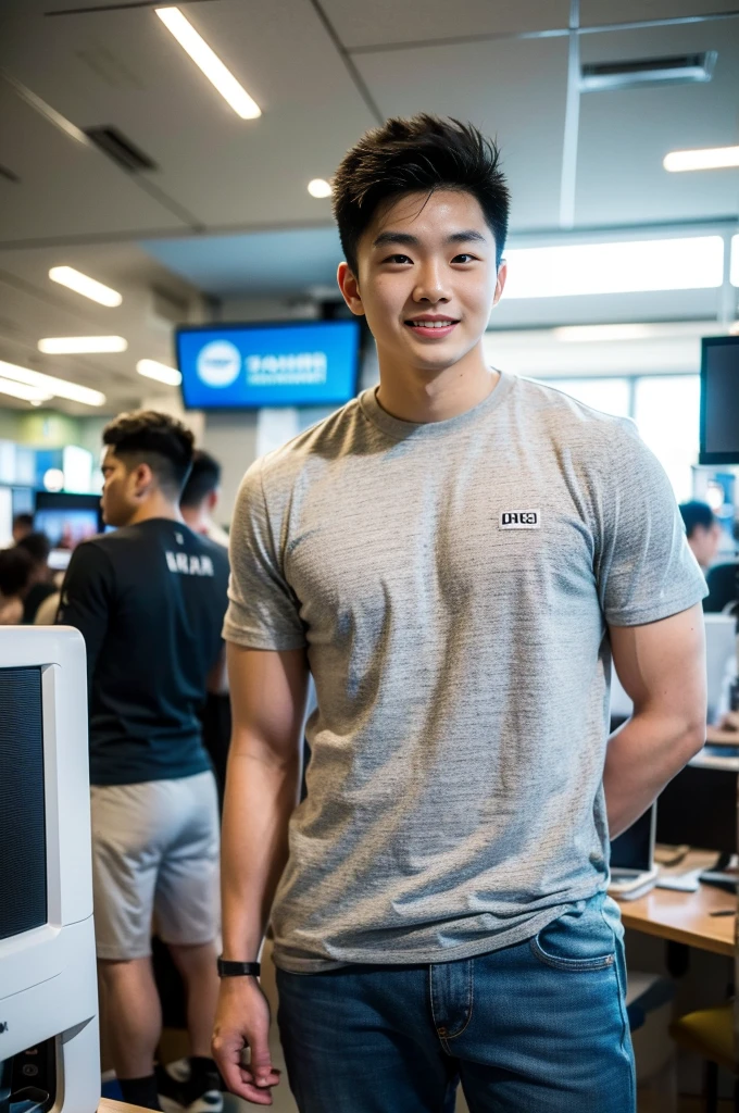 ((realistic daylight)) , Young Korean man in only a black sports shirt, no stripes, and jeans., A handsome, muscular young Asian man looks at the camera. , In a computer shop ,turn sideways, smile
