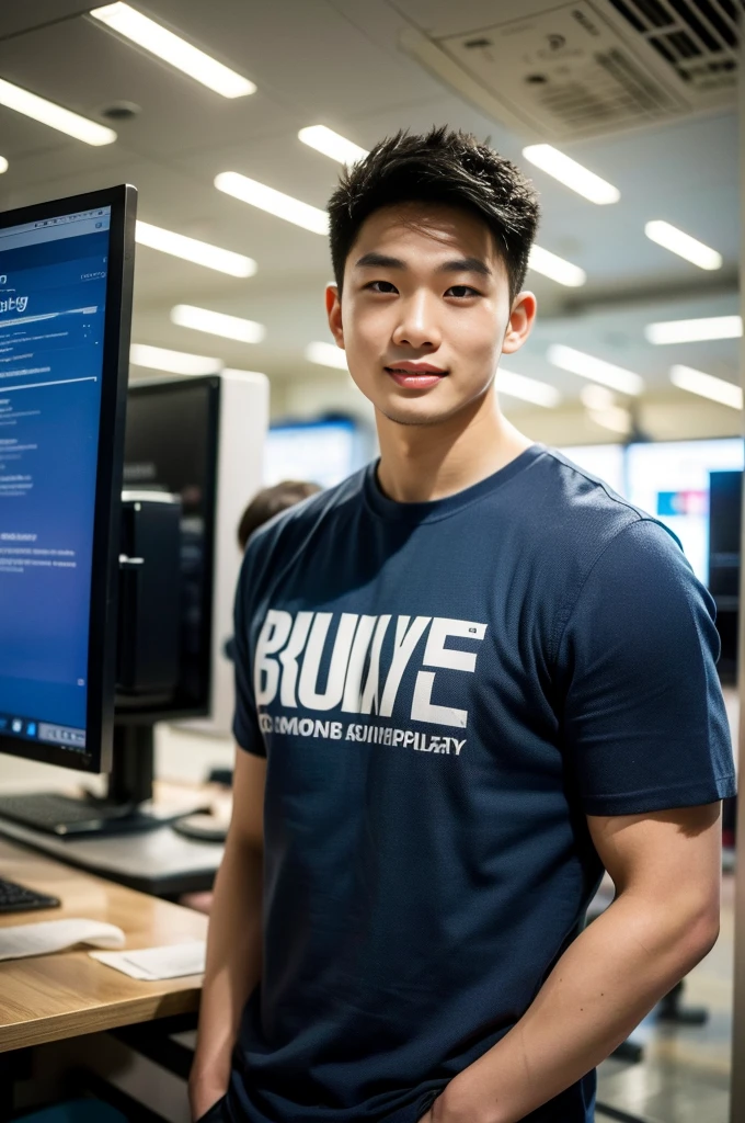 ((realistic daylight)) , Young Korean man in only a black sports shirt, no stripes, and jeans., A handsome, muscular young Asian man looks at the camera. , In a computer shop ,turn sideways, smile
