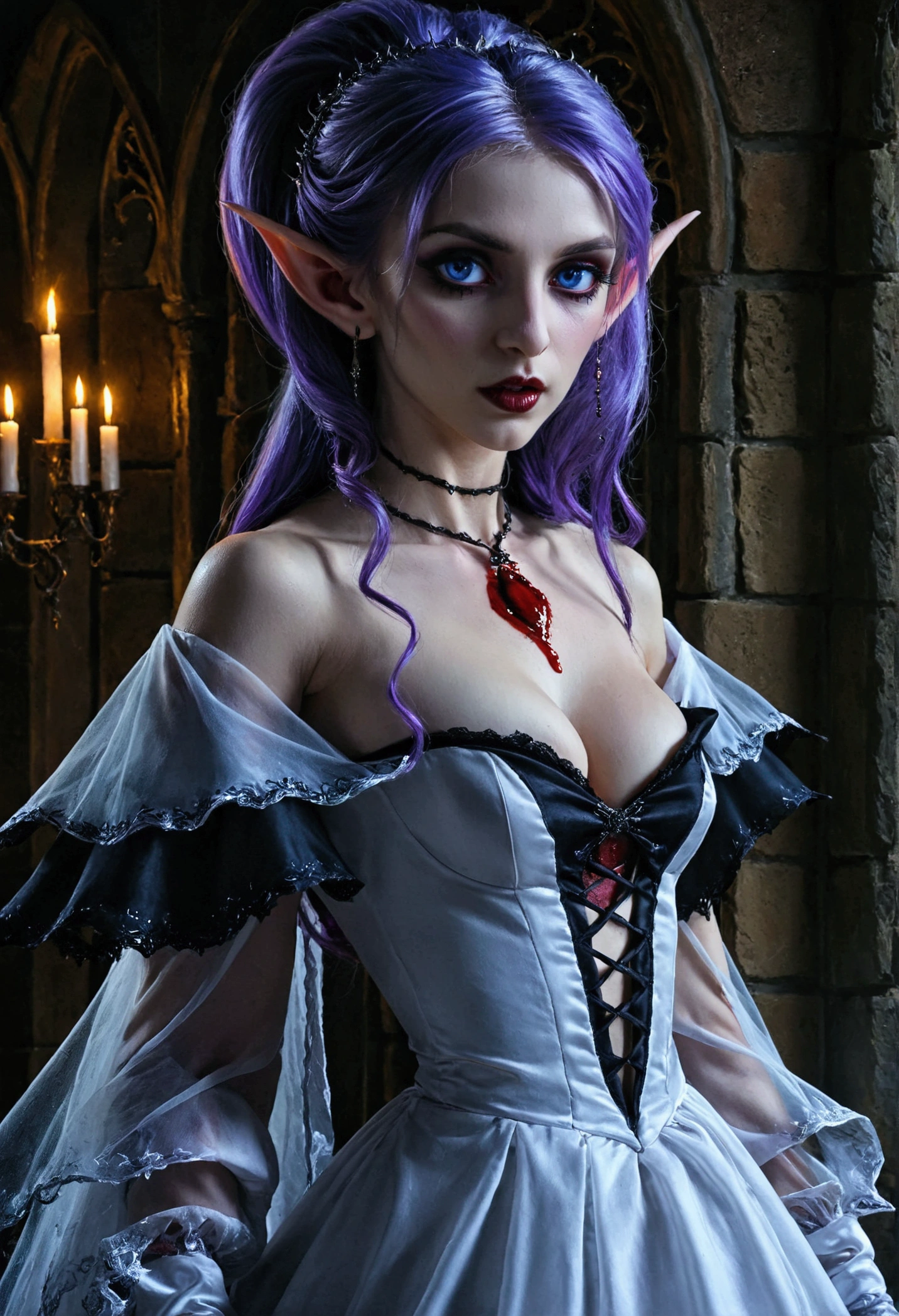 arafed a picture of elf vampire in her castle. an exquisite beautiful female elf vampire (ultra details, Masterpiece, best quality), bloody mouth, purple hair, pale skin, hair in a ponytail, long hair, blue eyes, small pointed ears, cold eyes, smirking, wearing white dress (ultra details, Masterpiece, best quality), red cloak, in dark fantasy library, book shelves, arafed high details, best quality, 16k, [ultra detailed], masterpiece, best quality, (ultra detailed), full body, ultra wide shot, photorealism, RAW, dark fantasy art, gothic art, wearing Haute_Couture designer dress, Dark Novel, Dark Art Painting Style, dripping blood, hud_s1n, short black dress, long sleeves, veil, thighhighs