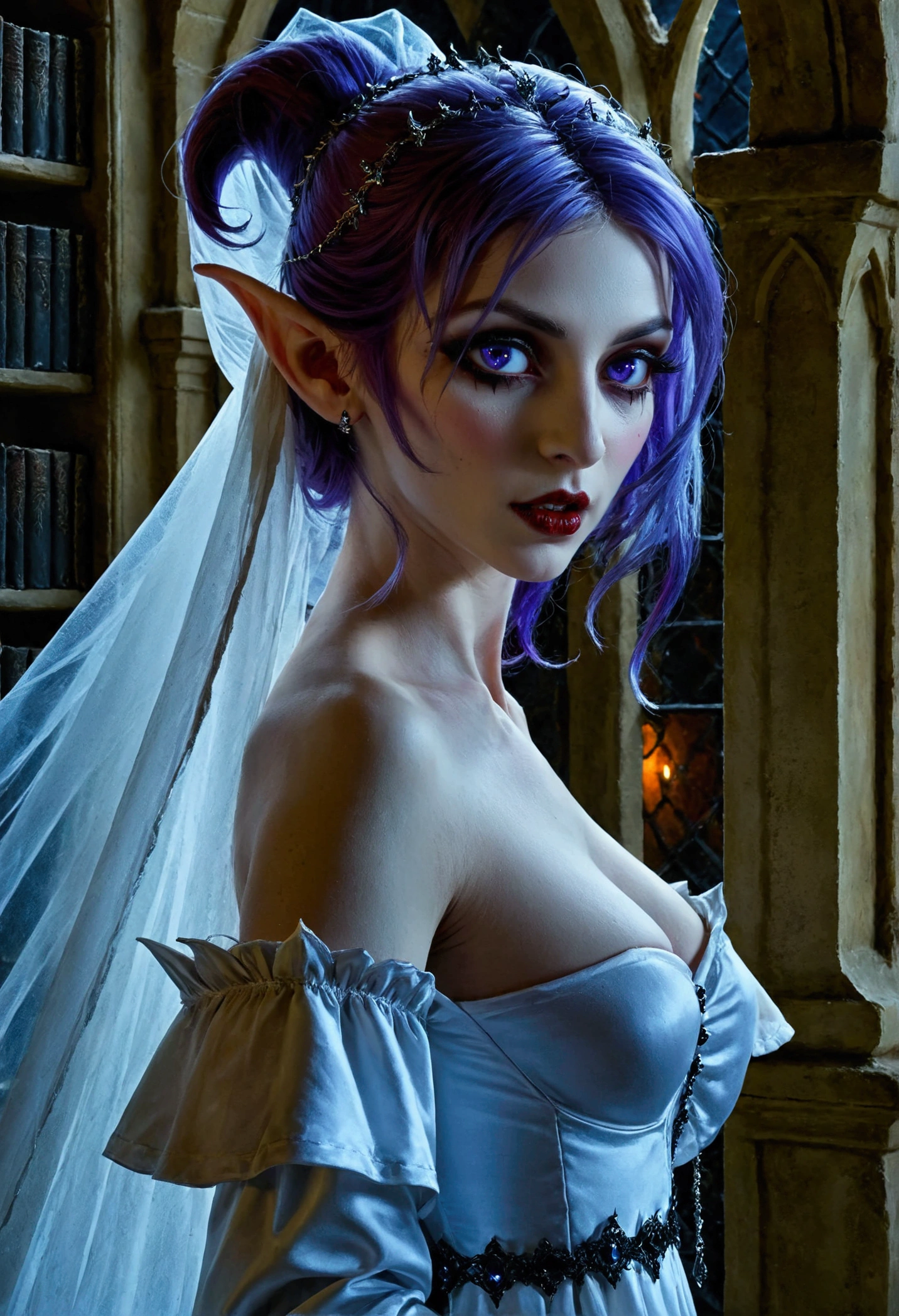 arafed a picture of elf vampire in her castle. an exquisite beautiful female elf vampire (ultra details, Masterpiece, best quality), bloody mouth, purple hair, pale skin, hair in a ponytail, long hair, blue eyes, small pointed ears, cold eyes, smirking, wearing white dress (ultra details, Masterpiece, best quality), red cloak, in dark fantasy library, book shelves, arafed high details, best quality, 16k, [ultra detailed], masterpiece, best quality, (ultra detailed), full body, ultra wide shot, photorealism, RAW, dark fantasy art, gothic art, wearing Haute_Couture designer dress, Dark Novel, Dark Art Painting Style, dripping blood, hud_s1n, short black dress, long sleeves, veil, thighhighs