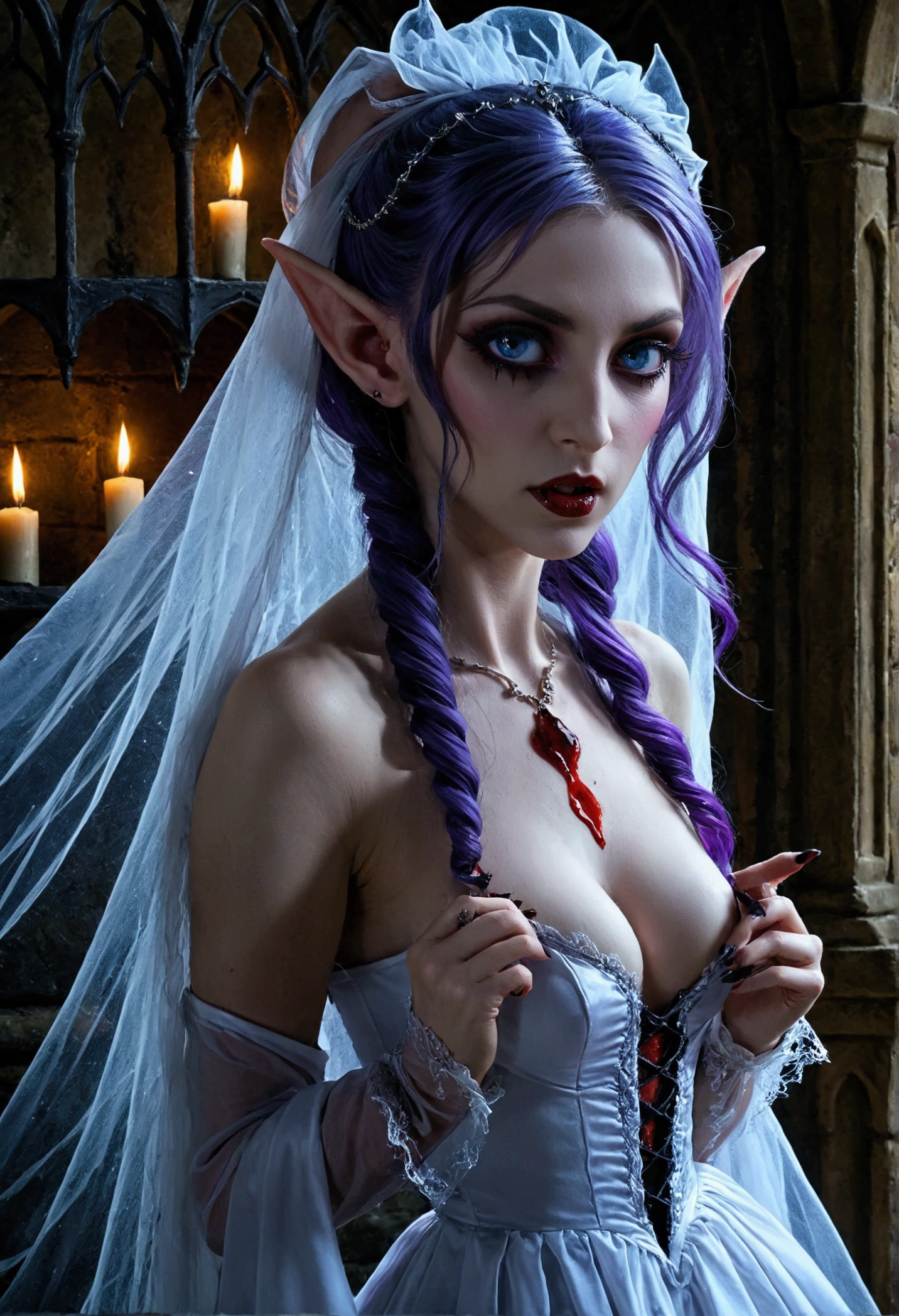 arafed a picture of elf vampire in her castle. an exquisite beautiful female elf vampire (ultra details, Masterpiece, best quality), bloody mouth, purple hair, pale skin, hair in a ponytail, long hair, blue eyes, small pointed ears, cold eyes, smirking, wearing white dress (ultra details, Masterpiece, best quality), red cloak, in dark fantasy library, book shelves, arafed high details, best quality, 16k, [ultra detailed], masterpiece, best quality, (ultra detailed), full body, ultra wide shot, photorealism, RAW, dark fantasy art, gothic art, wearing Haute_Couture designer dress, Dark Novel, Dark Art Painting Style, dripping blood, hud_s1n, short black dress, long sleeves, veil, thighhighs