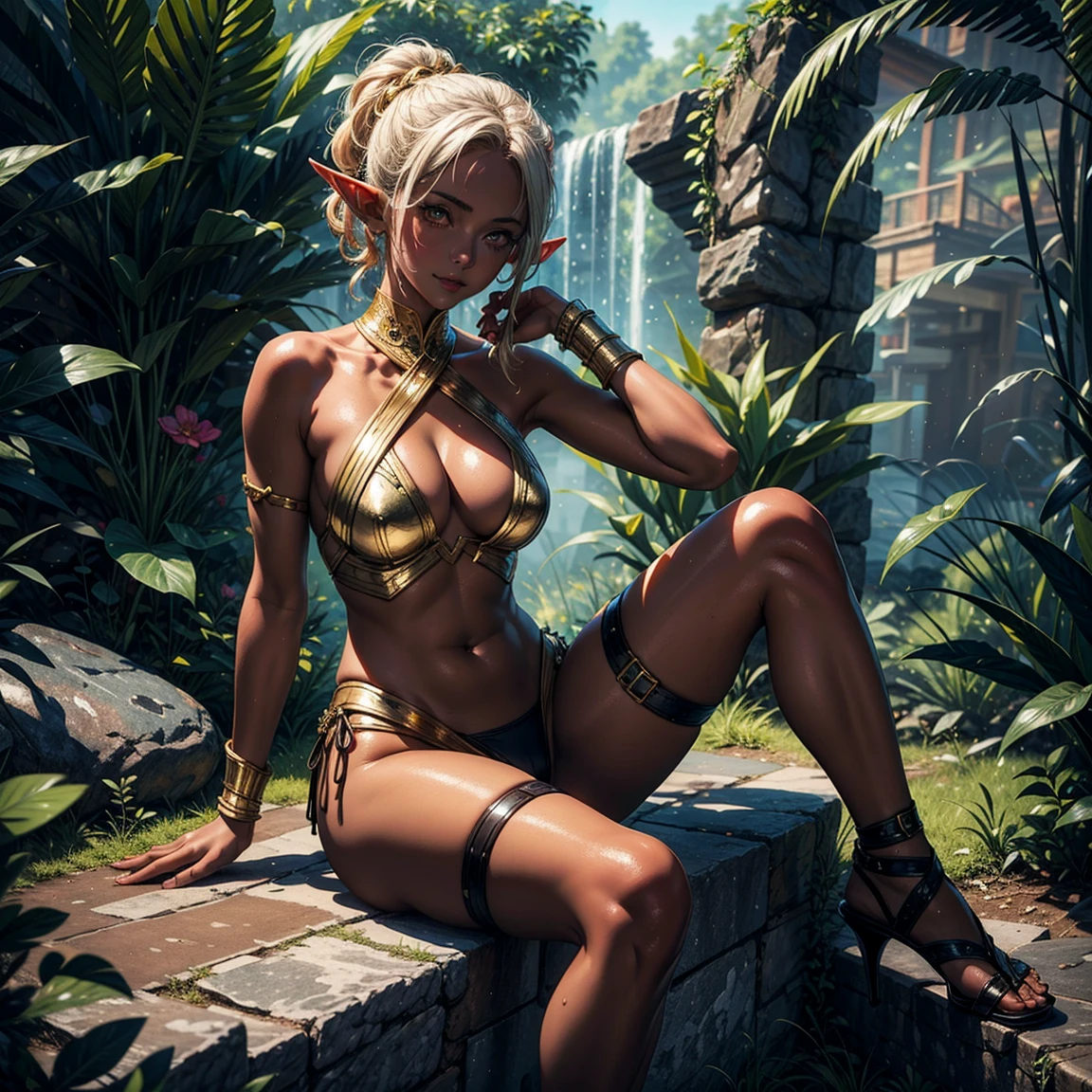 1girl, (solo), elf, short braids hair, gold hair, long pointed ears, (gold eyes), smile, arrogant, small breasts, tanned skin, gold armor, sword planted, sitting on a rock, jungle behind, medieval japanese town, (days), (very sexy body, detailed face, detailed eyes, masterpiece, highly detailed, 8k, best quality, vibrant colors, digital art, concept art)