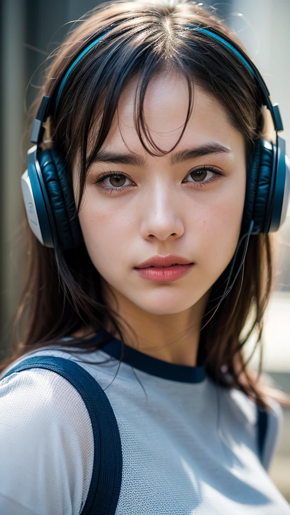 Dressed, (photo Realistic:1.4), (hyper Realistic:1.4), (Realistic:1.3), (Smoother lighting:1.05), (Improving the lighting quality of movies:0.9), 32K, One girl,20 year old girl, Realistic lighting, Backlight, Light on the face, Ray-tracing, (Bright light:1.2), (Improvement of quality:1.4), (Highest Quality Real Texture Skins:1.4), Detailed drawn eyes, Detailed painted face, Quality Eyes, (Tired, sleepy and satisfied:0.0), Face close-up, T-shirt with headphones, (Enhance the mood of your body line:1.1), (Enhances the beauty of skin texture:1.1)