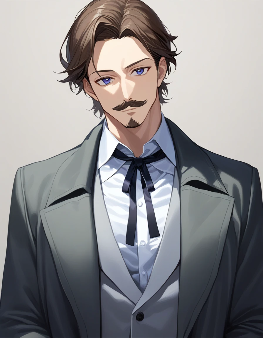 1man, mature male, parted bangs, medium-short hair, brown hair, muscular male celeb, short goatee, short mustache, indigo eyes, gentleman, elegant netori male, BREAK solo, white collared shirt, gray trench coat, black neck ribbon, in gentle sasaki style, visual novel, 2010s, extreme all detailed, masterpiece, best quality